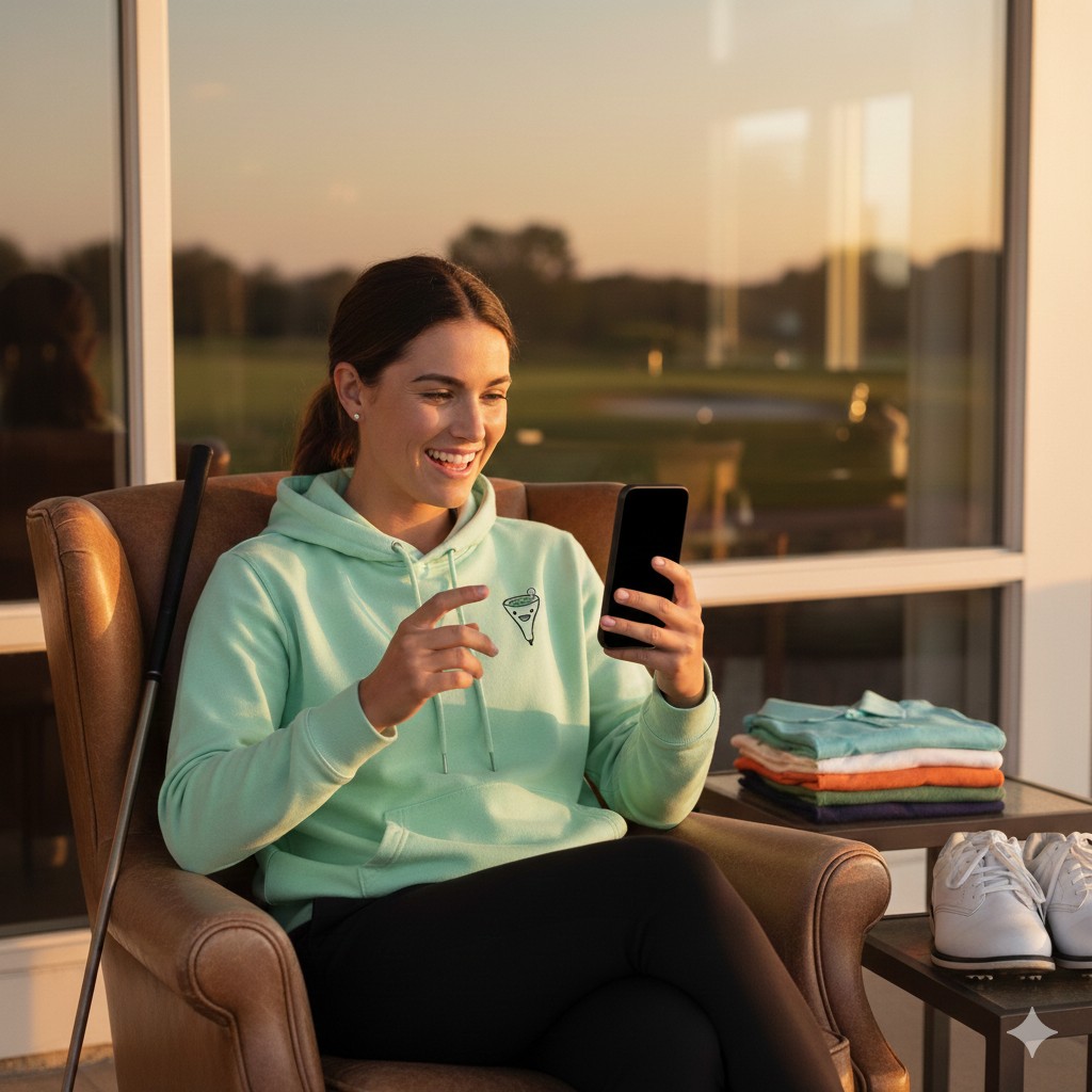 Golfer using Teevo in a clubhouse setting, surrounded by golf gear